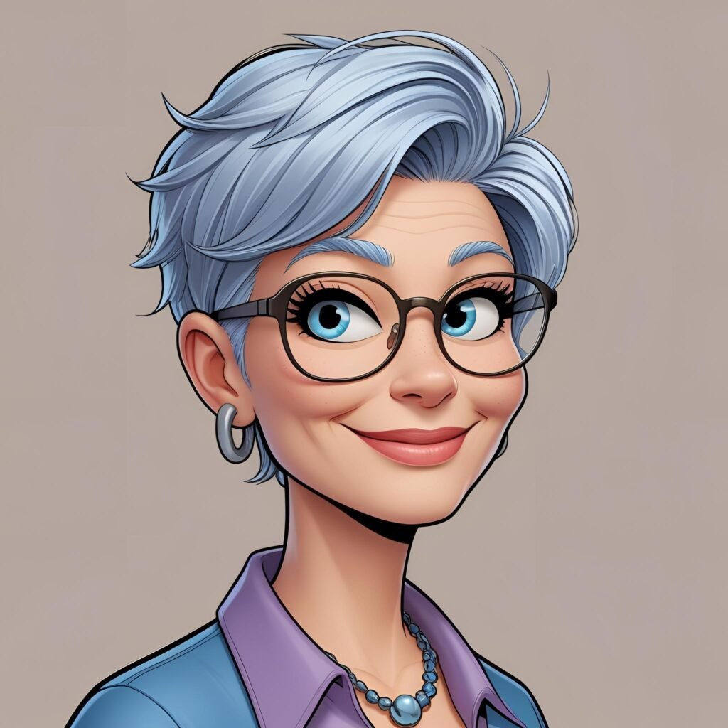 create in cartoon style a 60 year old female goofy character with extremely short pixie cut blue silver hair and glasses who is making a peace side.